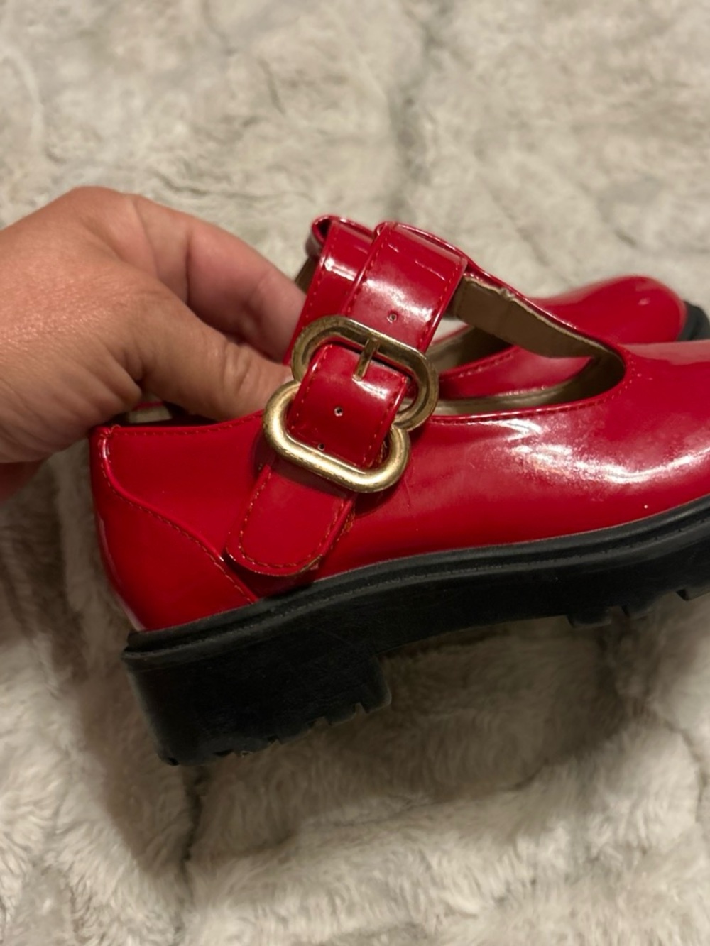 Girls' Red Patent Mary Jane Dress Shoes with Gold Buckle